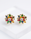 Brinco Folheado a Ouro 18k Flor Multicolorida Pedras Vibrantes