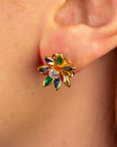 Brinco Dourado Flor Multicolorida Pedras Vibrantes
