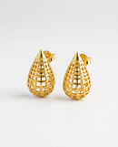 Brinco Folheado a Ouro 18k Gota Cônica Grade Vazada Tridimensional