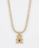 Conjunto Folheado a Ouro 18k Riviera e Urso Cravejado Microzircônias e Coração Zircônia Rosa