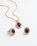 Conjunto Folheado a Ouro 18k Elegância Colar e Brinco Oval com Pedra Roxa e Zircônias